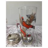 One Vintage Mid Century Glass Cocktail Shaker Drink Mixer and 6 Glasses set featuring the Pheasant Birds from the likely produced by Hazel-Atlas Glass Company.