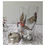 One Vintage Mid Century Glass Cocktail Shaker Drink Mixer and 6 Glasses set featuring the Pheasant Birds from the likely produced by Hazel-Atlas Glass Company.