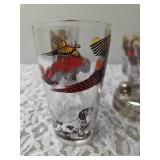 One Vintage Mid Century Glass Cocktail Shaker Drink Mixer and 6 Glasses set featuring the Pheasant Birds from the likely produced by Hazel-Atlas Glass Company.