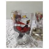 One Vintage Mid Century Glass Cocktail Shaker Drink Mixer and 6 Glasses set featuring the Pheasant Birds from the likely produced by Hazel-Atlas Glass Company.