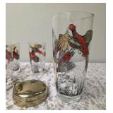 One Vintage Mid Century Glass Cocktail Shaker Drink Mixer and 6 Glasses set featuring the Pheasant Birds from the likely produced by Hazel-Atlas Glass Company.