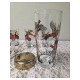 One Vintage Mid Century Glass Cocktail Shaker Drink Mixer and 6 Glasses set featuring the Pheasant Birds from the likely produced by Hazel-Atlas Glass Company.