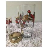 One Vintage Mid Century Glass Cocktail Shaker Drink Mixer and 6 Glasses set featuring the Pheasant Birds from the likely produced by Hazel-Atlas Glass Company.