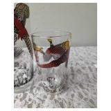 One Vintage Mid Century Glass Cocktail Shaker Drink Mixer and 6 Glasses set featuring the Pheasant Birds from the likely produced by Hazel-Atlas Glass Company.