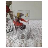 One Vintage Mid Century Glass Cocktail Shaker Drink Mixer and 6 Glasses set featuring the Pheasant Birds from the likely produced by Hazel-Atlas Glass Company.