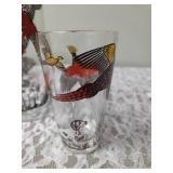 One Vintage Mid Century Glass Cocktail Shaker Drink Mixer and 6 Glasses set featuring the Pheasant Birds from the likely produced by Hazel-Atlas Glass Company.