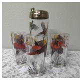 One Vintage Mid Century Glass Cocktail Shaker Drink Mixer and 5 Glasses set featuring the Pheasant Birds from the likely produced by Hazel-Atlas Glass Company.