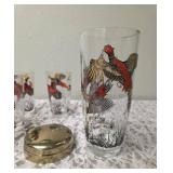 One Vintage Mid Century Glass Cocktail Shaker Drink Mixer and 5 Glasses set featuring the Pheasant Birds from the likely produced by Hazel-Atlas Glass Company.