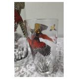 One Vintage Mid Century Glass Cocktail Shaker Drink Mixer and 5 Glasses set featuring the Pheasant Birds from the likely produced by Hazel-Atlas Glass Company.