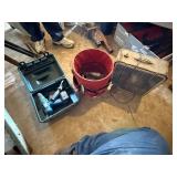 TOOL BUCKET, LEVEL AND VARIOUS TOOLS, FAN AND CORDLESS DRILL.