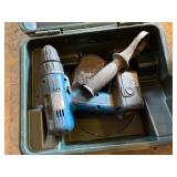 TOOL BUCKET, LEVEL AND VARIOUS TOOLS, FAN AND CORDLESS DRILL.
