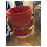 TOOL BUCKET, LEVEL AND VARIOUS TOOLS, FAN AND CORDLESS DRILL.