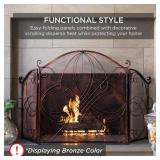 3-Panel Wrought Iron Metal Fireplace Screen Cover w/ Scroll Design - 55x33in, Pewter