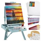 Art Easel for Painting, Portable Adjustable Tripod with 32-Piece Art Set, Blue