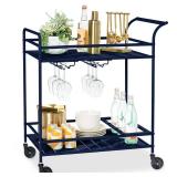 2-Tier Rolling Bar Cart Indoor/Outdoor w/ Shelves, Wine Rack, Locking Wheels, Navy