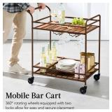 2-Tier Rolling Bar Cart Indoor/Outdoor w/ Shelves, Wine Rack, Locking Wheels, Brown