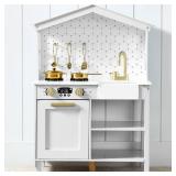 Pretend Play Wooden Farmhouse Kitchen Set w/ Storage, 5 Accessories, White (Box Open on One End)
