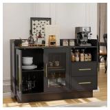 Garvee Wine Cabinet Coffee Bar Station with LED Lights, Durable Double Glass Doors, Anti-Tipping Design, 47.24'' Black for Kitchen Living Room Dining Room, Black