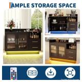 Garvee Wine Cabinet Coffee Bar Station with LED Lights, Durable Double Glass Doors, Anti-Tipping Design, 47.24'' Black for Kitchen Living Room Dining Room, Black