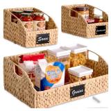 Water Hyacinth Pantry Storage Baskets, Wicker Baskets w/ Built-in Handles (Box in Rough Shape)