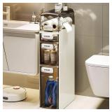 Garvee Slim Bathroom Cabinet with Wheels 4-Tier Waterproof Plastic Storage Toilet Paper Holder Compact Organizer for Small Spaces 7.1in Wide White