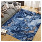 Garvee 5'x7'Soft Modern Abstract Boho Area Rugs for Living Room Washable Large Machine Rug Non-Slip Faux Wool Vintage Carpet for Bedroom Farmhouse Dining Room Kids Room Blue