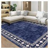 Garvee Bordered Dark Blue 5x7 Area Rugs, Machine Washable Rug Modern Bordered Carpet Rug Stain Resistant Non-Slip Accent Rug Minimalist Border Table Rug Farmhouse Floor Cover for Dining Office Bedroom