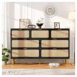 Garvee Rattan 7 Drawer Dresser Deep Storage Chest with Wide Top for Bedroom Living Room Hallway Kids Room - Black