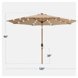Woodgrain Pattern Solar LED Lighted Patio Umbrella w/ Adjustable Tilt - 10ft, Tan
