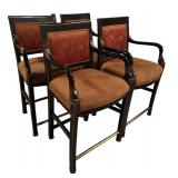 S - Bar Stools - Set of 4 Black Wood with Carved Arms & Burgundy Upholstery