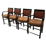 S - Bar Stools - Set of 4 Black Wood with Carved Arms & Burgundy Upholstery