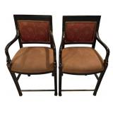 S - Bar Stools - Set of 4 Black Wood with Carved Arms & Burgundy Upholstery