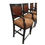 S - Bar Stools - Set of 4 Black Wood with Carved Arms & Burgundy Upholstery
