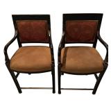 S - Bar Stools - Set of 4 Black Wood with Carved Arms & Burgundy Upholstery