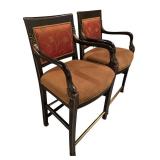 S - Bar Stools - Set of 4 Black Wood with Carved Arms & Burgundy Upholstery