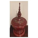 LL - Burmese Hsun Ok Offering Vessel - Tiered Lid, Pagoda Finial, Red Lacquer