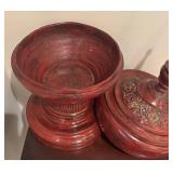 LL - Burmese Hsun Ok Offering Vessel - Tiered Lid, Pagoda Finial, Red Lacquer