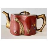 K - Chinese Cloisonné Teapot - Red Enamel, Gilded Branch Handles, Floral Motifs