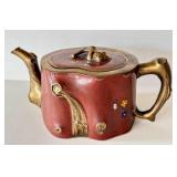 K - Chinese Cloisonné Teapot - Red Enamel, Gilded Branch Handles, Floral Motifs