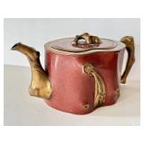 K - Chinese Cloisonné Teapot - Red Enamel, Gilded Branch Handles, Floral Motifs