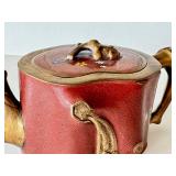 K - Chinese Cloisonné Teapot - Red Enamel, Gilded Branch Handles, Floral Motifs