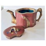 K - Chinese Cloisonné Teapot - Red Enamel, Gilded Branch Handles, Floral Motifs