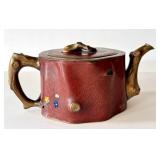 K - Chinese Cloisonné Teapot - Red Enamel, Gilded Branch Handles, Floral Motifs