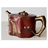 K - Chinese Cloisonné Teapot - Red Enamel, Gilded Branch Handles, Floral Motifs