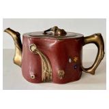 K - Chinese Cloisonné Teapot - Red Enamel, Gilded Branch Handles, Floral Motifs