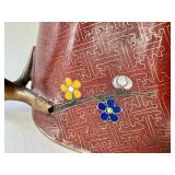 K - Chinese Cloisonné Teapot - Red Enamel, Gilded Branch Handles, Floral Motifs