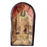 LR - Mexican Ex-Voto Retablo - Vintage Hand-Painted Wooden Panel with Crowned Virgin Mary