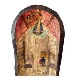 LR - Mexican Ex-Voto Retablo - Vintage Hand-Painted Wooden Panel with Crowned Virgin Mary