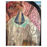 LR - Mexican Ex-Voto Retablo - Vintage Hand-Painted Wooden Panel with Crowned Virgin Mary