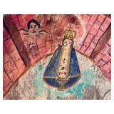 LR - Mexican Ex-Voto Retablo - Vintage Hand-Painted Wooden Panel with Crowned Virgin Mary